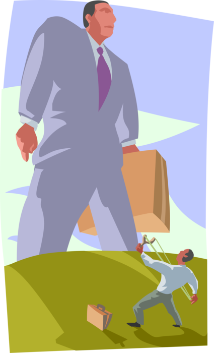 Vector Illustration of Businessman David with Slingshot Meets Giant Goliath