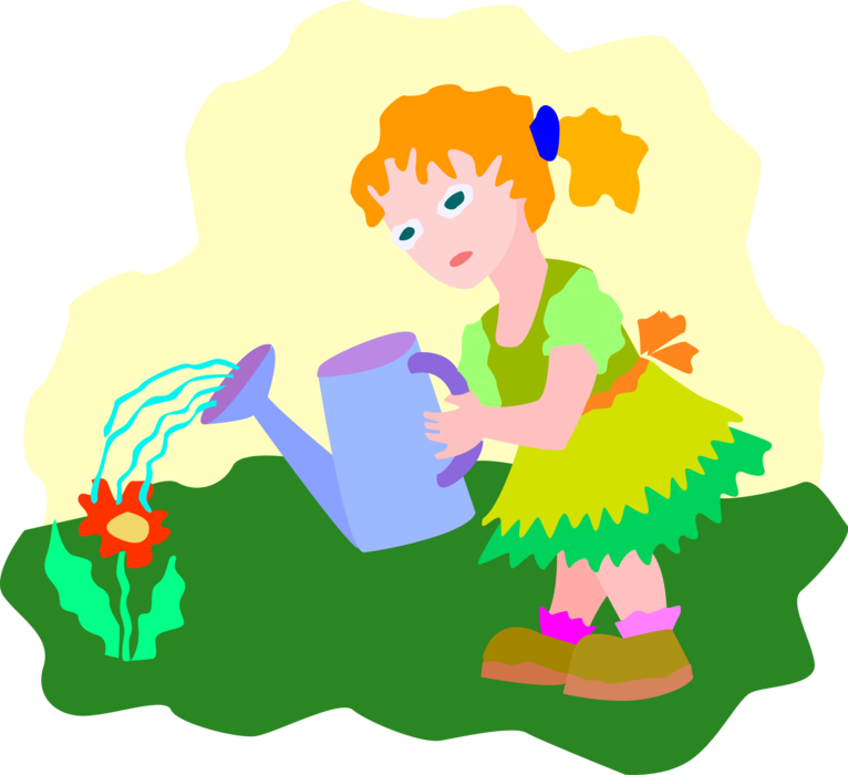 Vector Illustration of Young Girl Watering Flower in Garden
