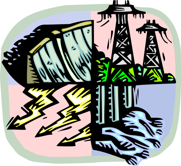 Vector Illustration of Hydroelectric Power Dam with Transmission Towers, Sluice Gates and Electricity Generation