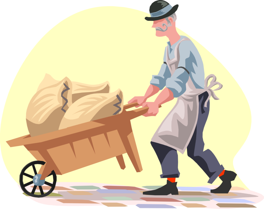 Vector Illustration of 19th Century Victorian Era Merchant Pushing Wheelbarrow with Sacks of Wheat Grain