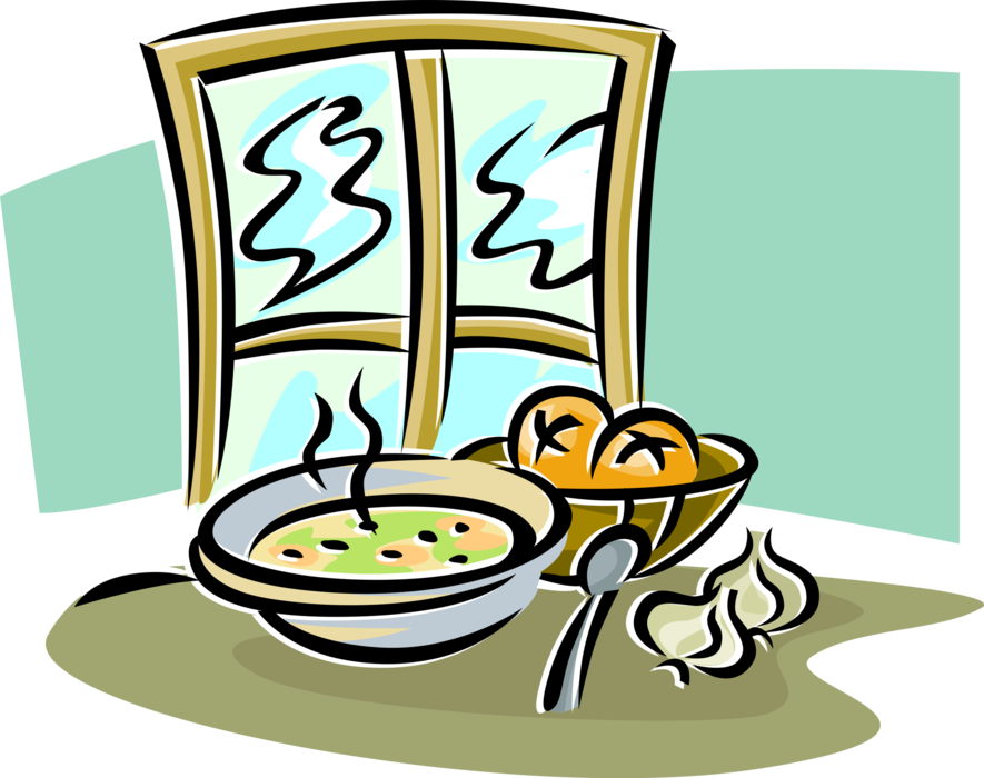 Vector Illustration of Hot Lunch Soup with Garlic and Vegetables