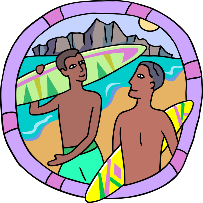 Vector Illustration of Surfer Dudes with Surfboards Enjoy Day at the Beach Surfing