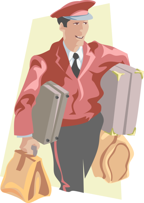 Vector Illustration of Hospitality Industry Hotel Concierge Bell Hop Attendant Carries Guest Luggage