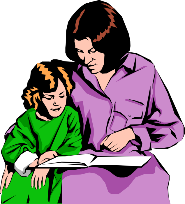 Vector Illustration of Mother and Daughter Learning to Read