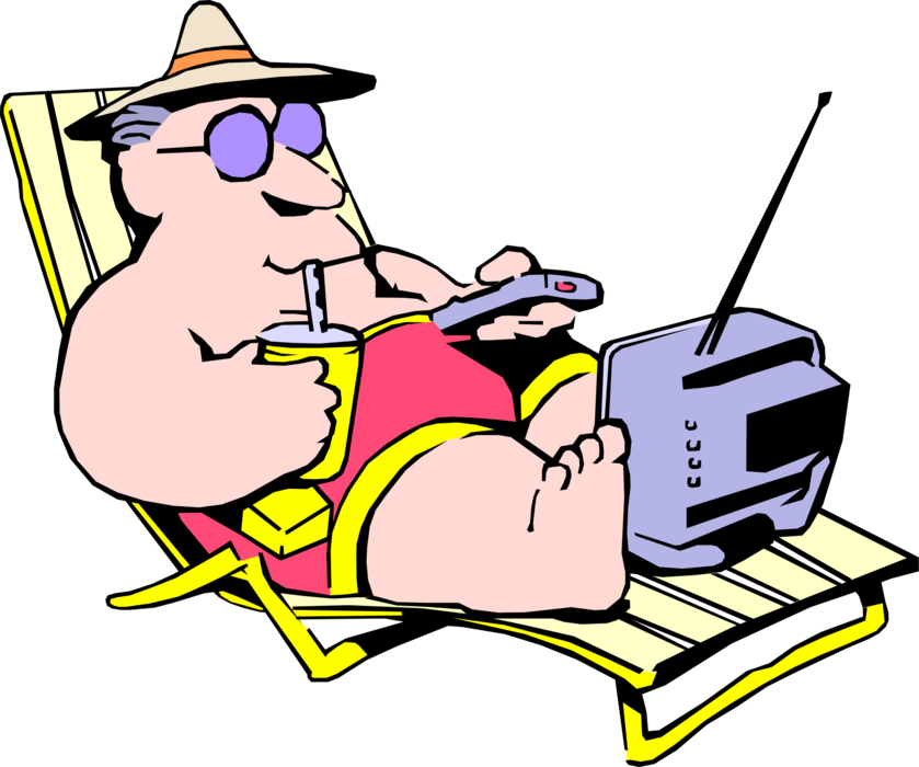 Vector Illustration of Executive on Vacation Holiday Relaxes on Lounge Chair with Television