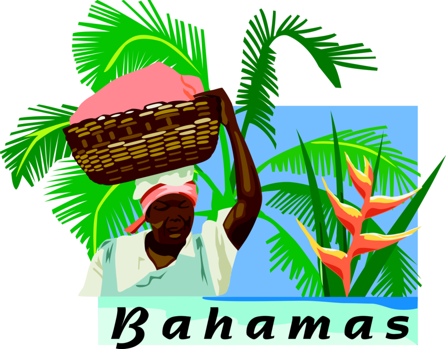 Vector Illustration of Bahamas Postcard Design with Native Woman and Bird of Paradise Flower