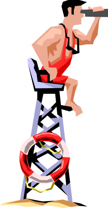 Vector Illustration of Lifeguard Keeping Watch on Beach Swimmers with Binoculars