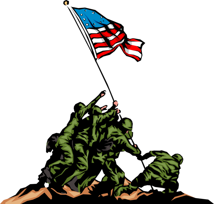 Vector Illustration of American Soldiers Raising the United States Stars and Stripes Flag on Iwo Jima in World War II