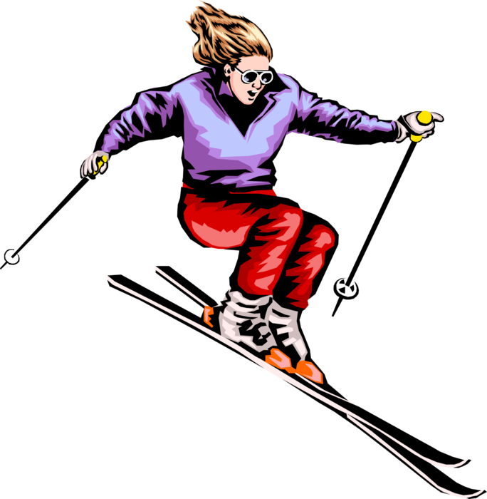 Vector Illustration of Freestyle Downhill Alpine Skier Races Down Hill on Skis