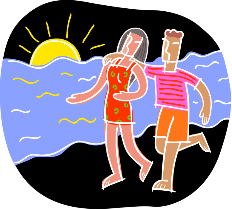Vector Illustration of Couple Enjoy Romantic Walk on the Beach