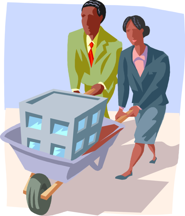 Vector Illustration of Office Workers Pushing Building in Wheelbarrow