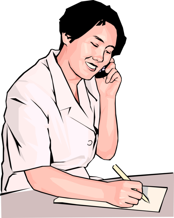 Vector Illustration of Businesswoman Speaks on Phone and Takes Notes with Notepad