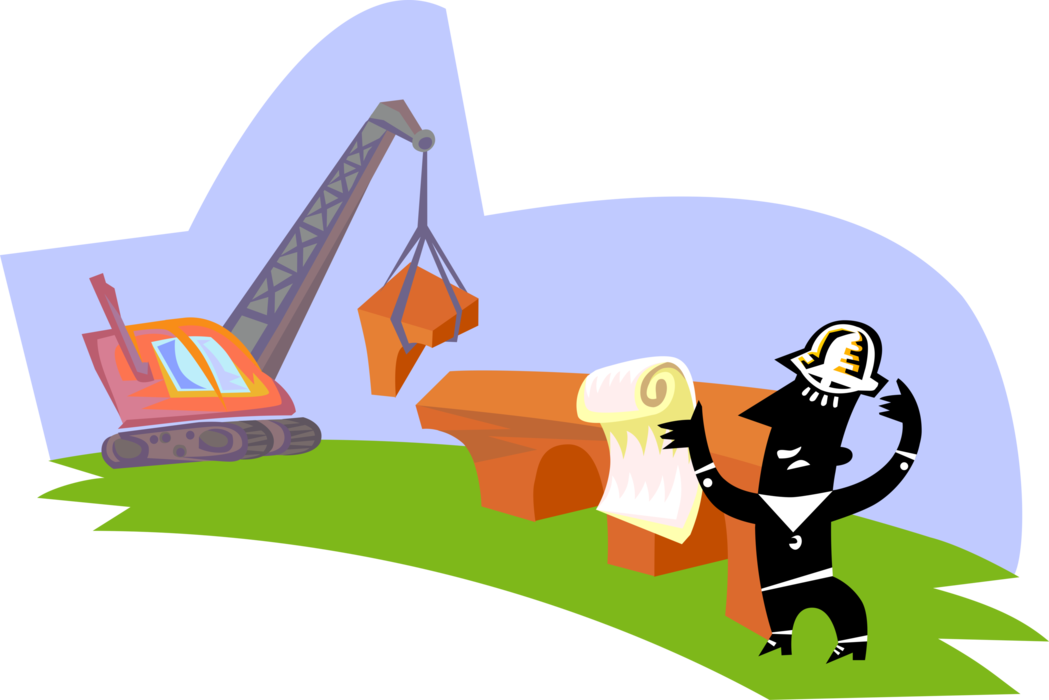 Vector Illustration of Engineer Directing Heavy Machinery Crane for Bridge Construction 