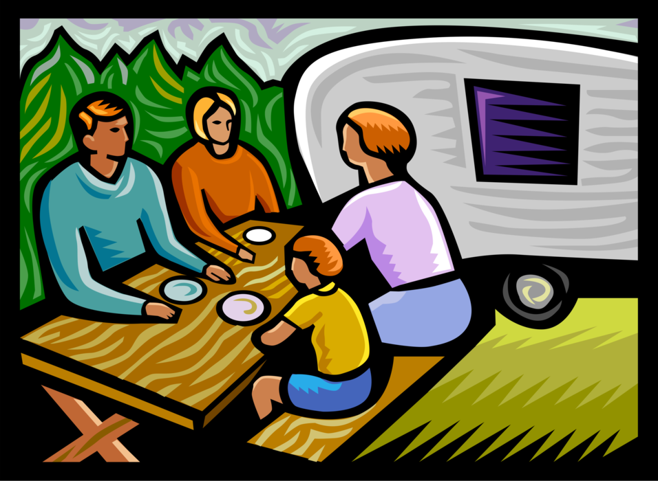 Vector Illustration of Family Camping Holiday Enjoying Breakfast at Picnic Table