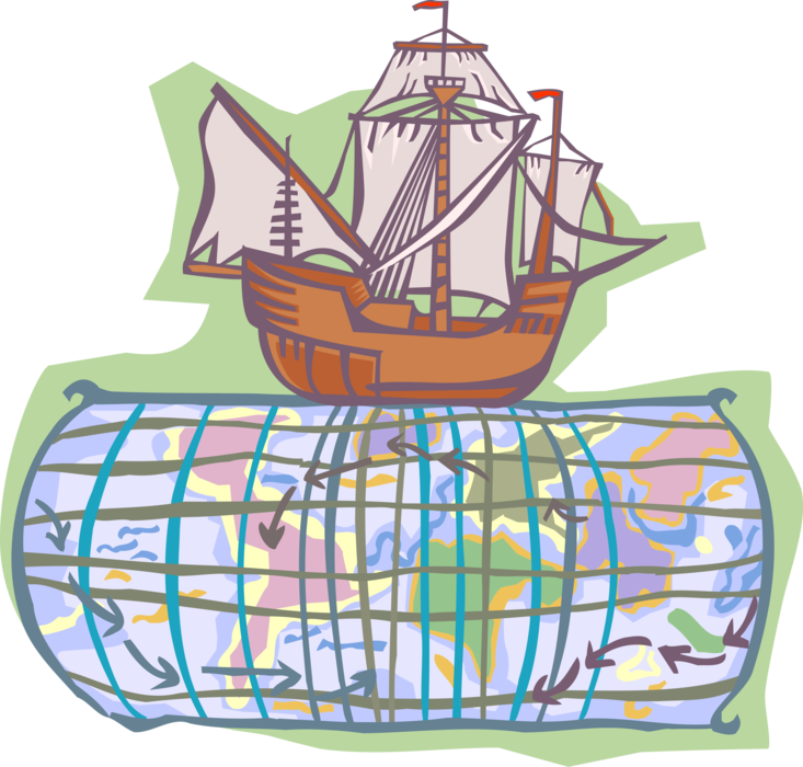 Vector Illustration of Christopher Columbus 15th Century Sailing Vessel with Navigation Charts