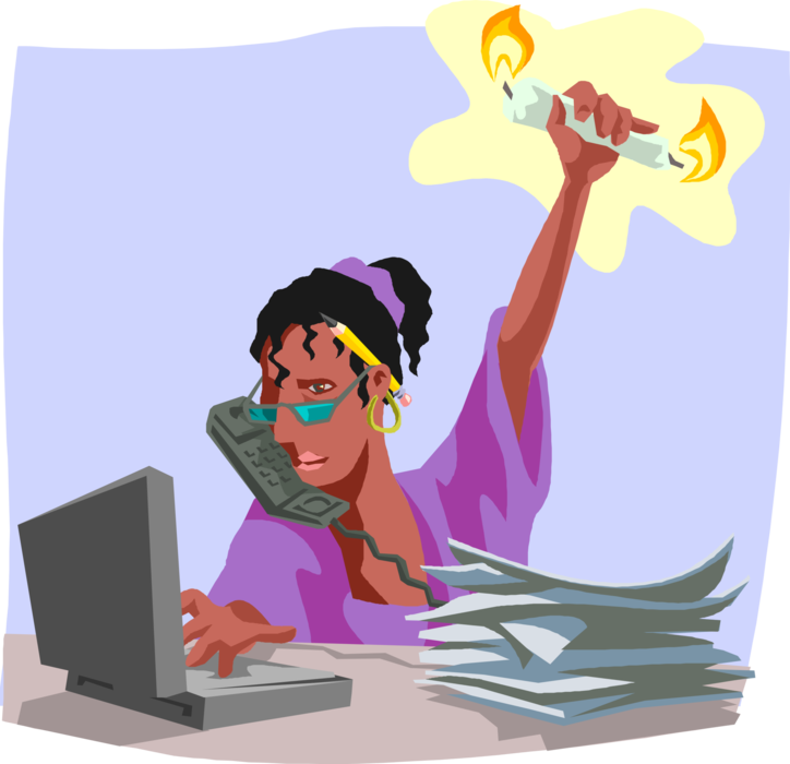Vector Illustration of Overworked Businesswoman Burning the Candle at Both Ends