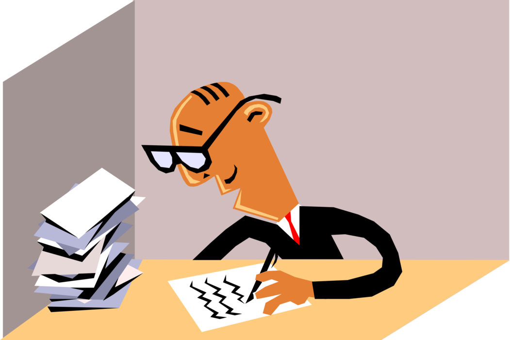 Vector Illustration of Office Worker Hard at Work on Reports in His Cubicle