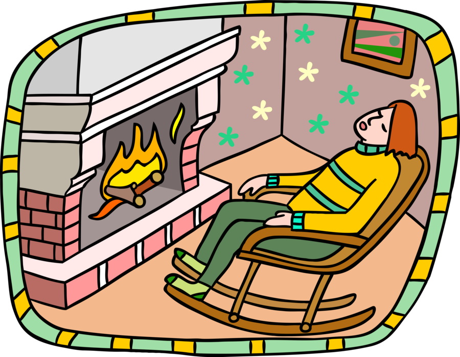 Vector Illustration of Falling Asleep in Rocking Chair in Front of Fireplace with Warm Fire