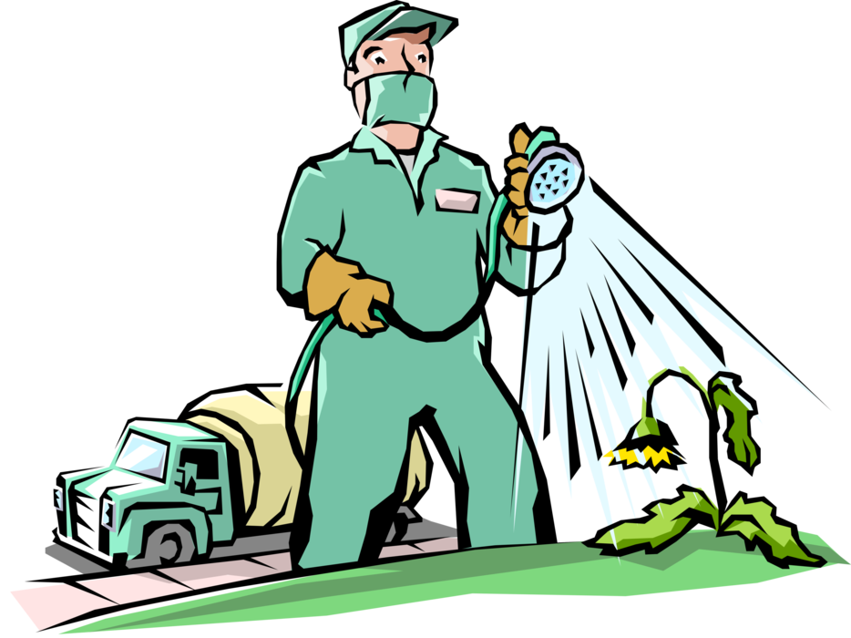 Vector Illustration of Lawn and Garden Maintenance Worker Fertilizes and Waters Plants