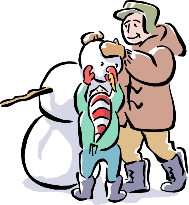 Vector Illustration of Father and Son Build Snowman Anthropomorphic Snow Sculpture in Winter