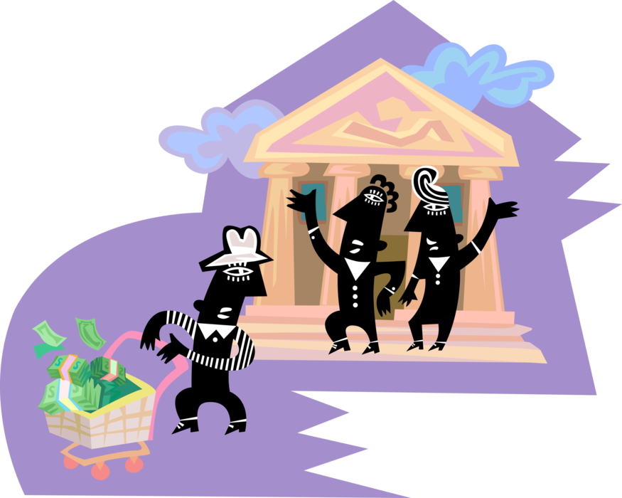 Vector Illustration of Man Walking from the Bank with Wheelbarrow Full of Money