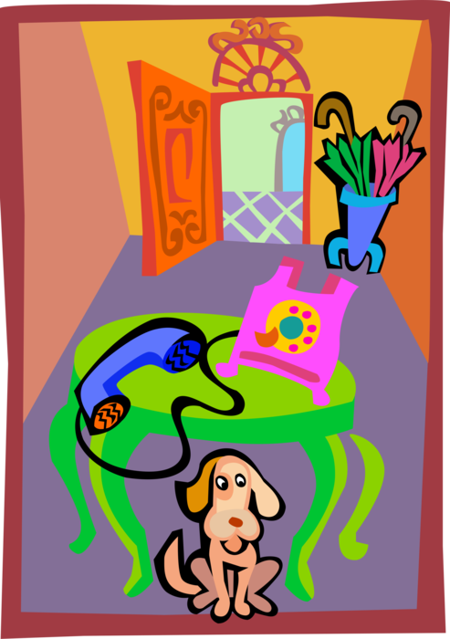 Vector Illustration of Family Pet Dog in Front Hallway of House with Telephone