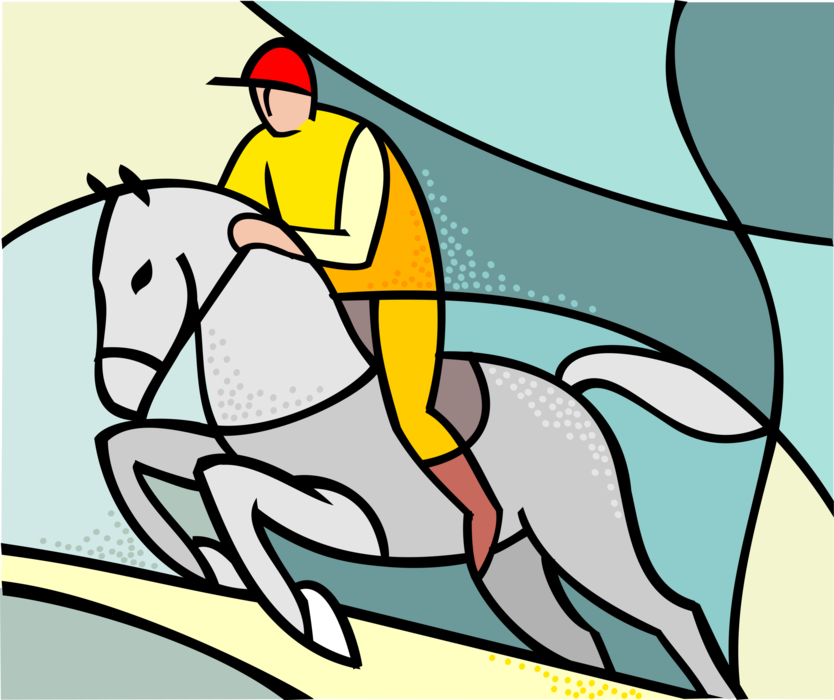 Vector Illustration of Equestrian Rider on Horseback Jumps Fence
