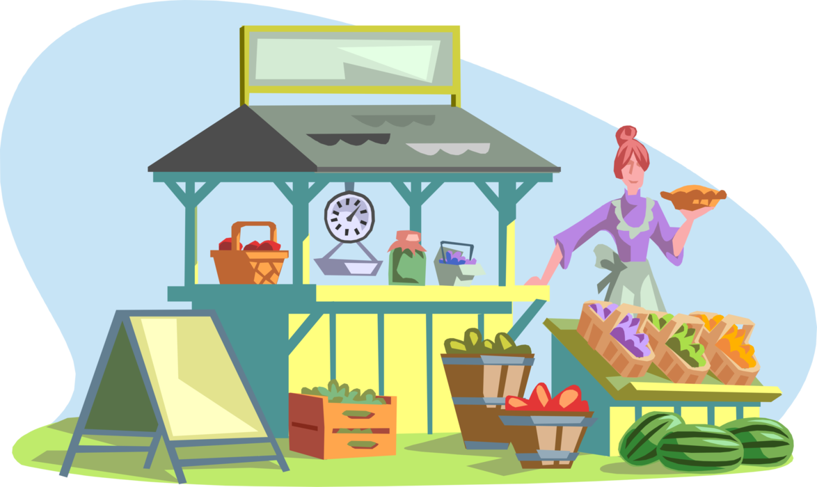 Vector Illustration of Outdoor Farmer's Market with Fresh Fruits and Vegetables