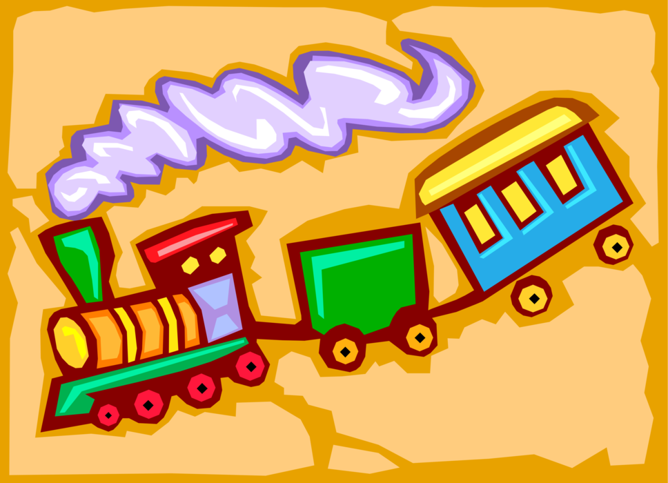 Vector Illustration of Child's Play Toy Train Locomotive Engine Pulling Railroad Cars