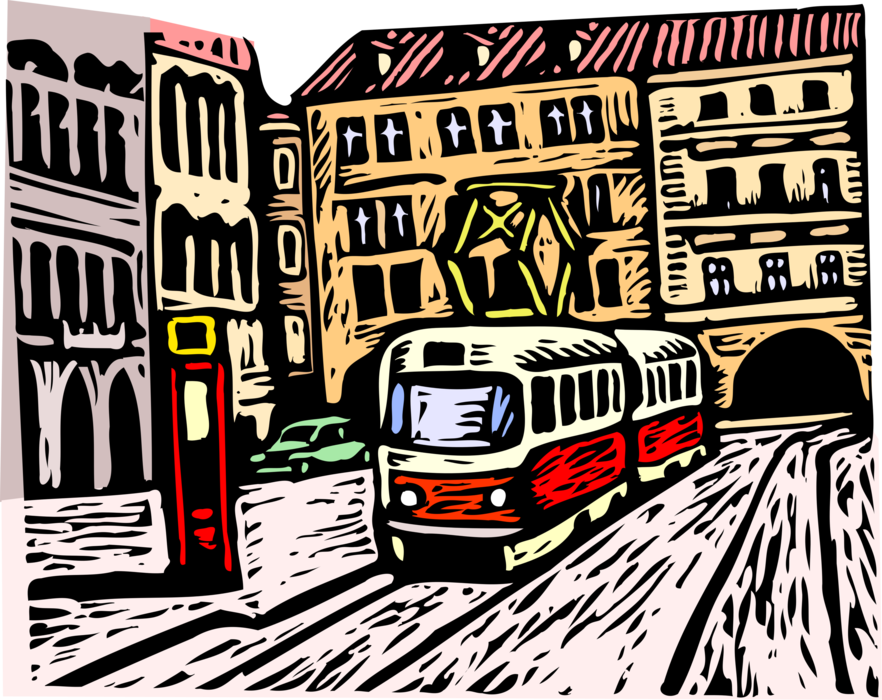 Vector Illustration of Electric Streetcar Tram Trolley Runs on Tracks Along Public Urban Streets