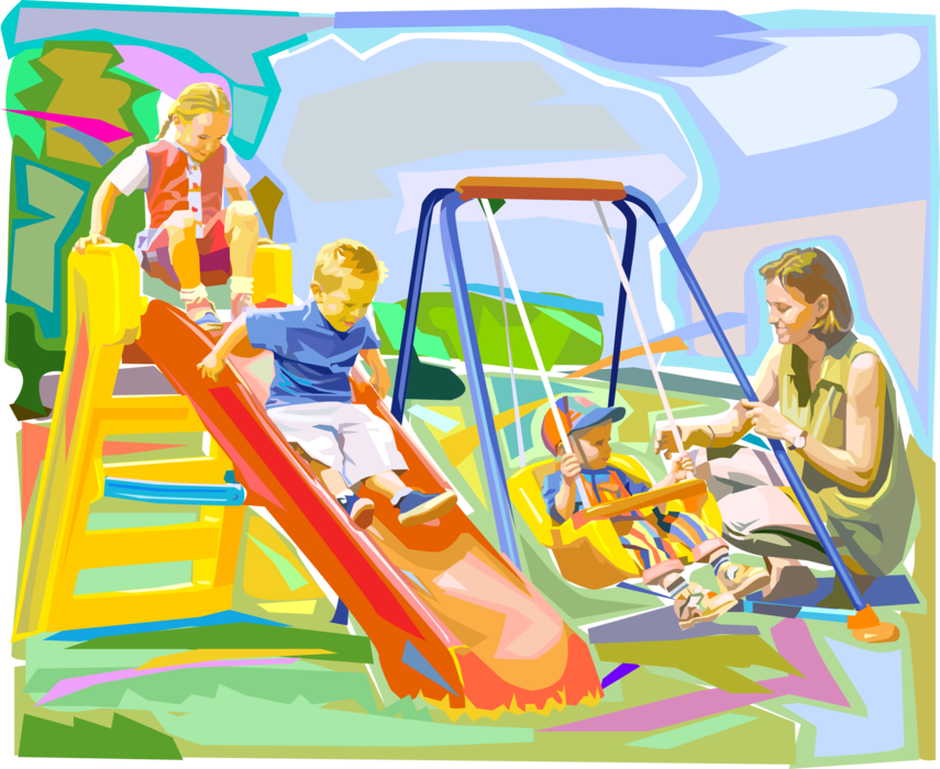 Vector Illustration of Mother Playing with Children on Backyard Swings and Slide
