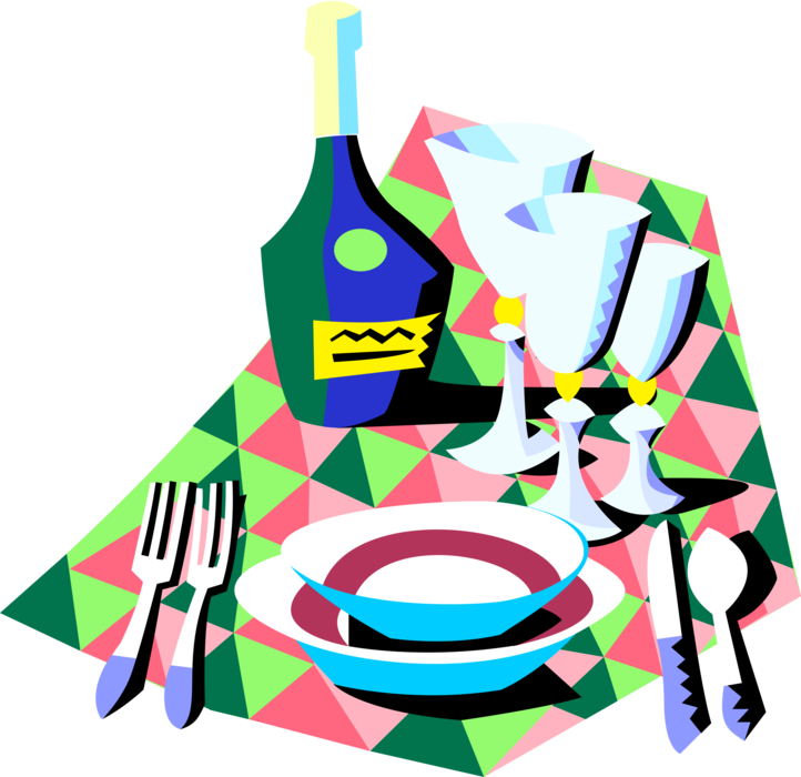 Vector Illustration of Restaurant Dining Table Dinner Setting with Plates, Cutlery and Wine Glasses