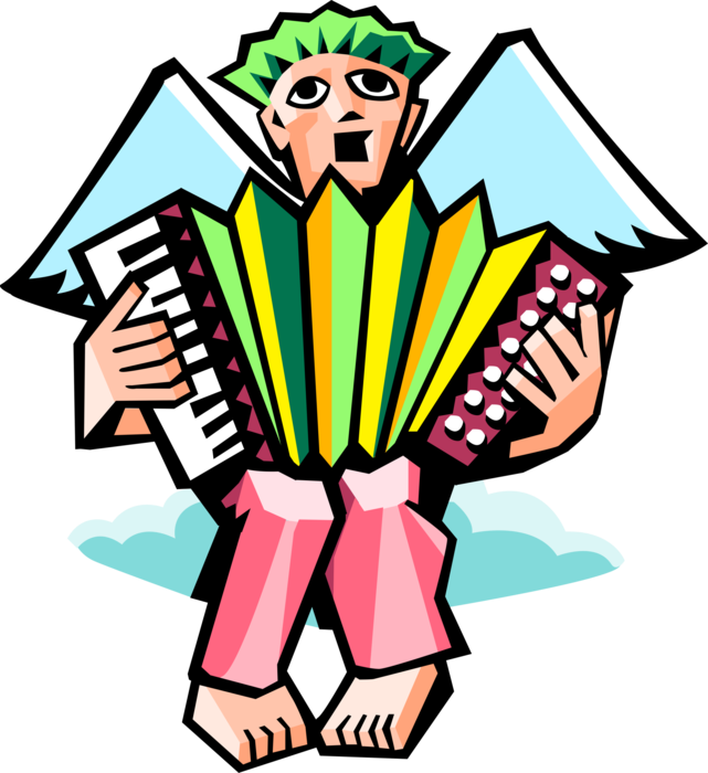 Vector Illustration of Angelic Spiritual Winged Angel on Cloud in Heaven Playing Accordion