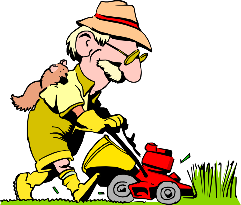 Vector Illustration of Man with Squirrel Mows the Lawn with Yard Work Lawn Mower