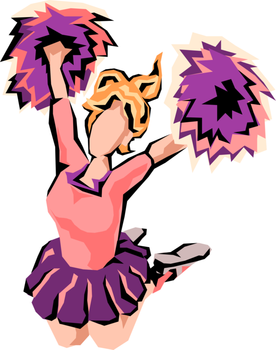 Vector Illustration of Cheerleader Jumps and Cheers Her Winning Team with Pom Poms