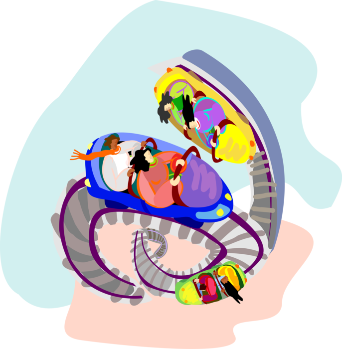 Vector Illustration of People on Roller Coaster Amusement or Theme Park Ride