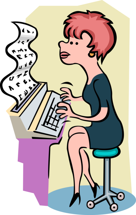 Vector Illustration of Office Assistant Inputs Data on Teleprinter Electromechanical Typewriter