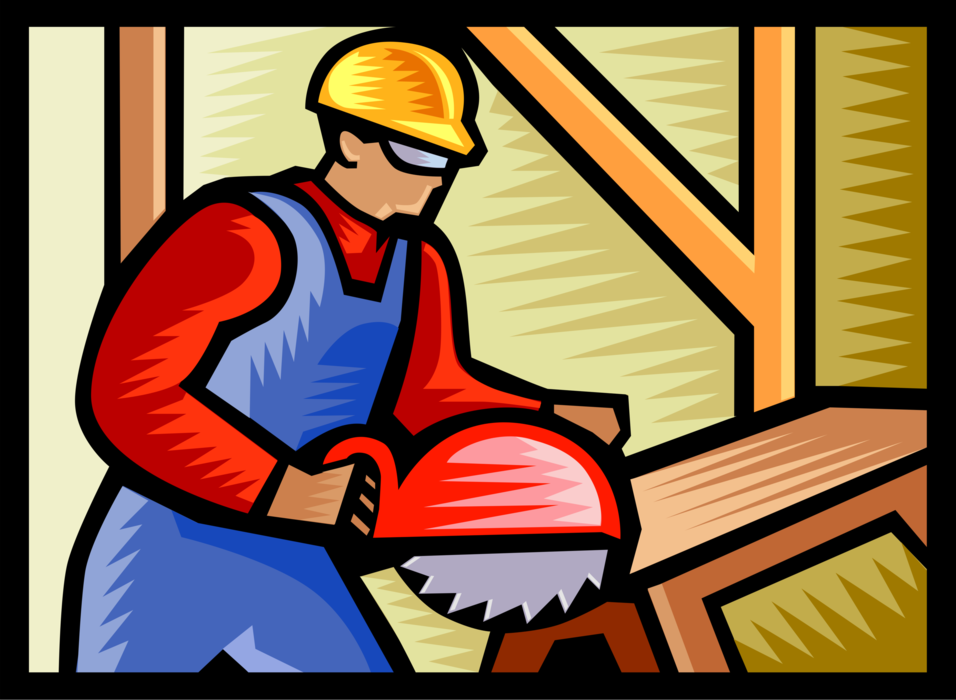 Vector Illustration of Construction Site Worker Saws Lumber with Circular Saw