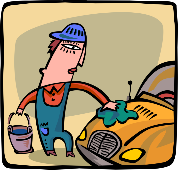 Vector Illustration of Car Wash Attendant Washes, Scrubs and Polishes the Interior and Exterior of Car