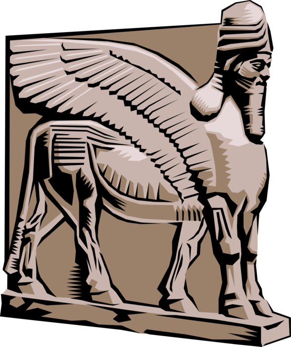 Vector Illustration of Ancient Mesopotamian Assyrian Human-headed Winged Bull and Winged Lion