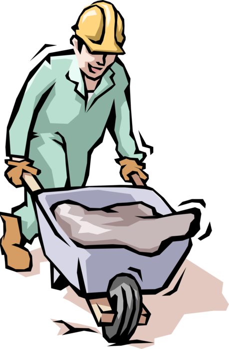 Vector Illustration of Building Site Construction Worker with Wheelbarrow Load of Concrete Cement