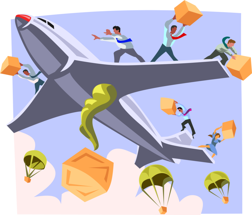 Vector Illustration of Businessmen Throwing Air Cargo from Airplane that Parachute to Earth