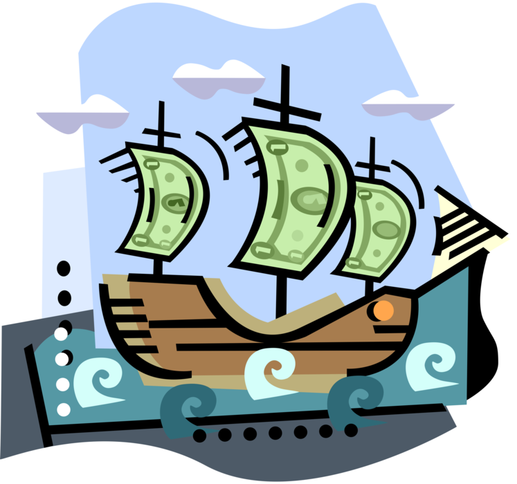 Vector Illustration of Boat Vessel with Money Dollar Sails