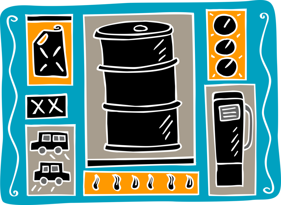 Vector Illustration of Crude Oil Barrel Refined to Petroleum Gasoline for Automobile Motor Vehicles