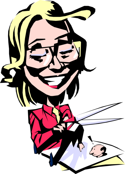 Vector Illustration of Vengeful Female with Scissors Cutting Off the Boss's Head