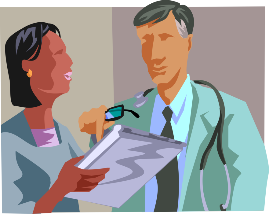 Vector Illustration of Physician and Nurse Professional Consultation with Patient Medical Record