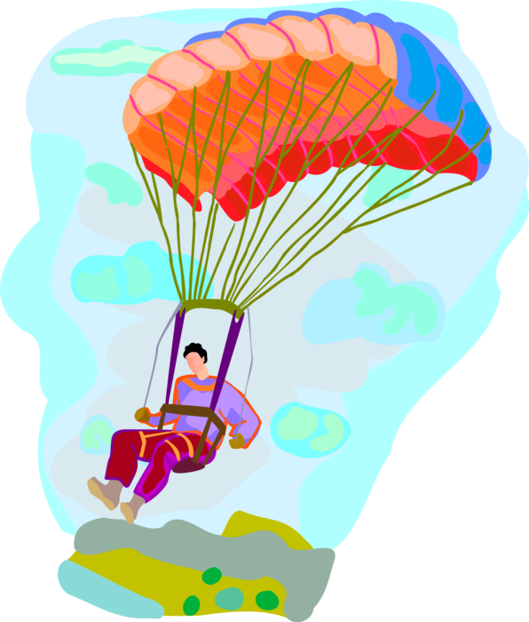 Vector Illustration of Paragliding Paraglider Parachutes to Earth on Summer Day