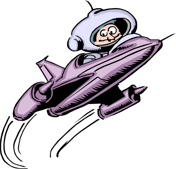 Vector Illustration of Spaceman in Rocket Ship Flies Through Space