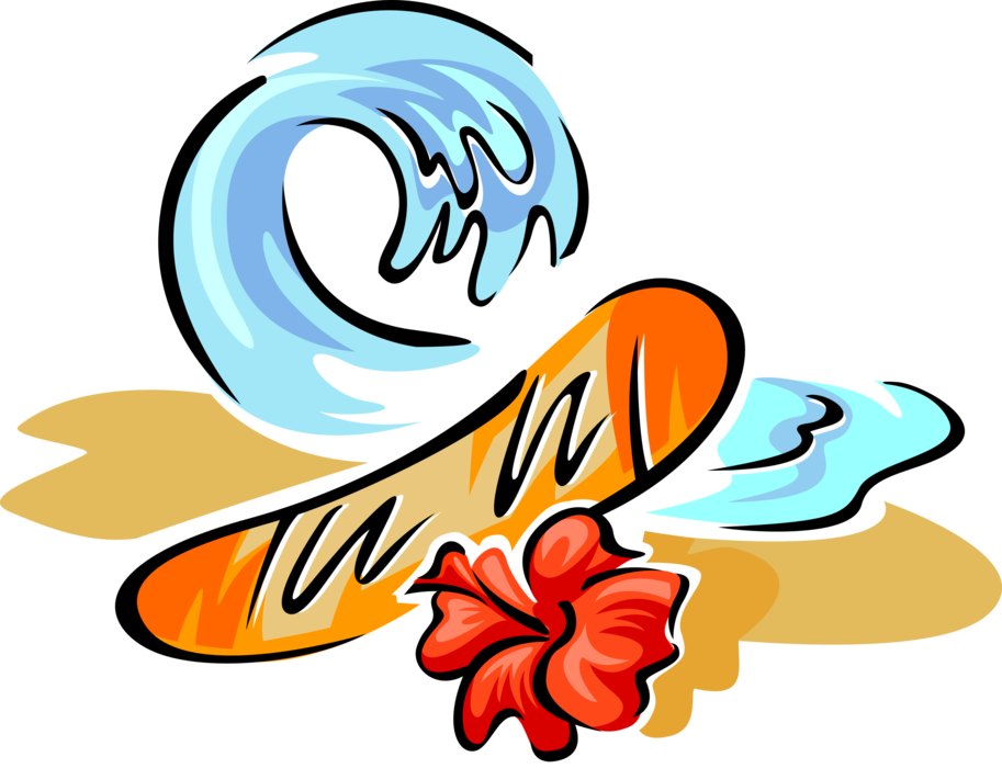 Vector Illustration of Beach Wave with Surfing Surfboard and Flower