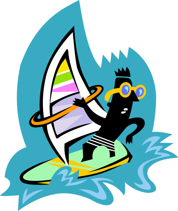 Vector Illustration of Windsurfing Windsurfer Powered by Wind on Sailboard